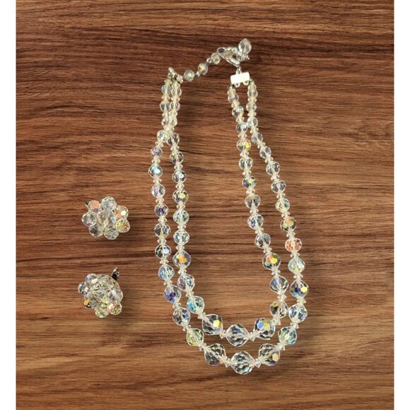 Vintage Aurora Borealis Crystal Necklace Clip-On Earring Set Double Strand Beads - Picture 1 of 7
